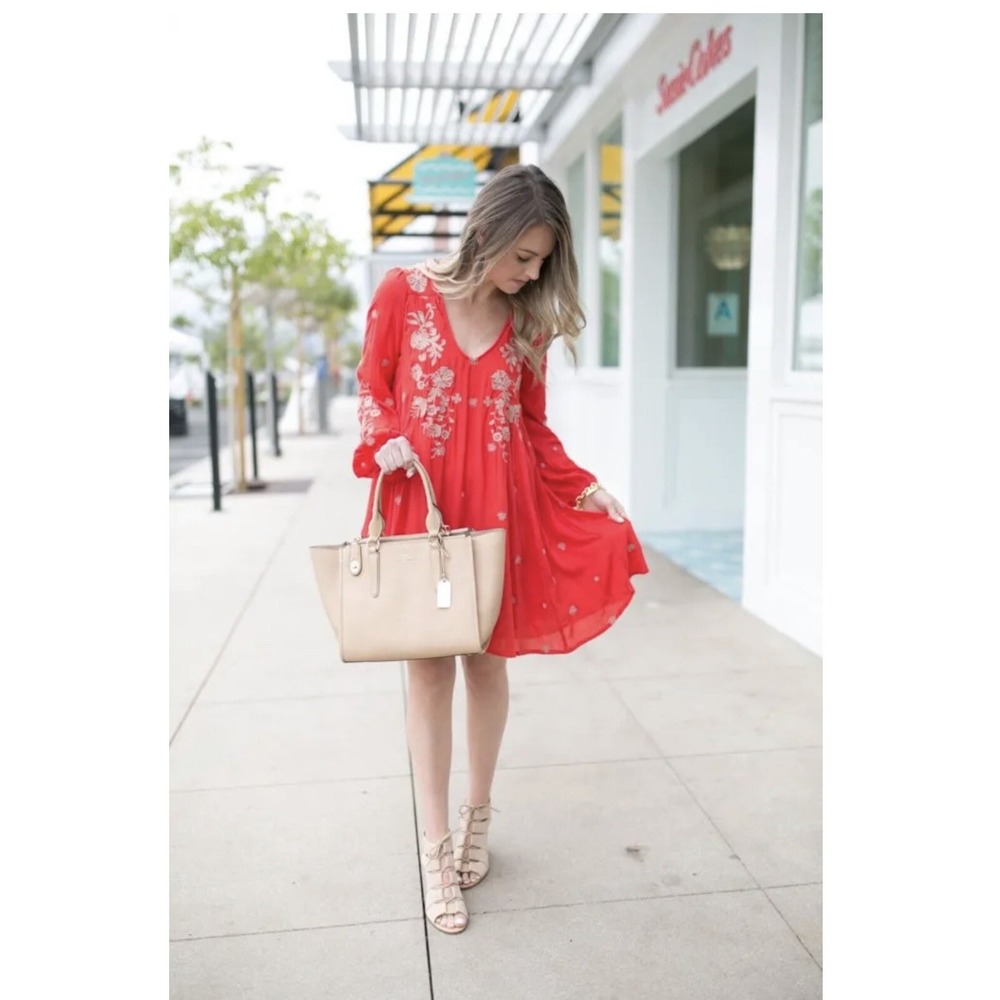 Free People Just Like Honey Embroidered Mini Dress Red Boho‎ Long Sleeve XS